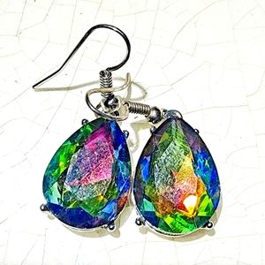 Dangle Drop Earrings, Lab Pear Cut Mystic Rainbow Quartz Gemstone earrings
